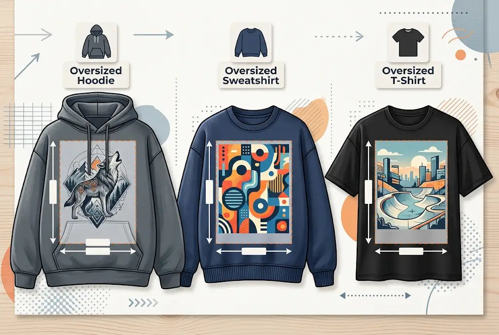 DTF Transfer Size Chart for Oversized Hoodies, Sweatshirts, and T-Shirts