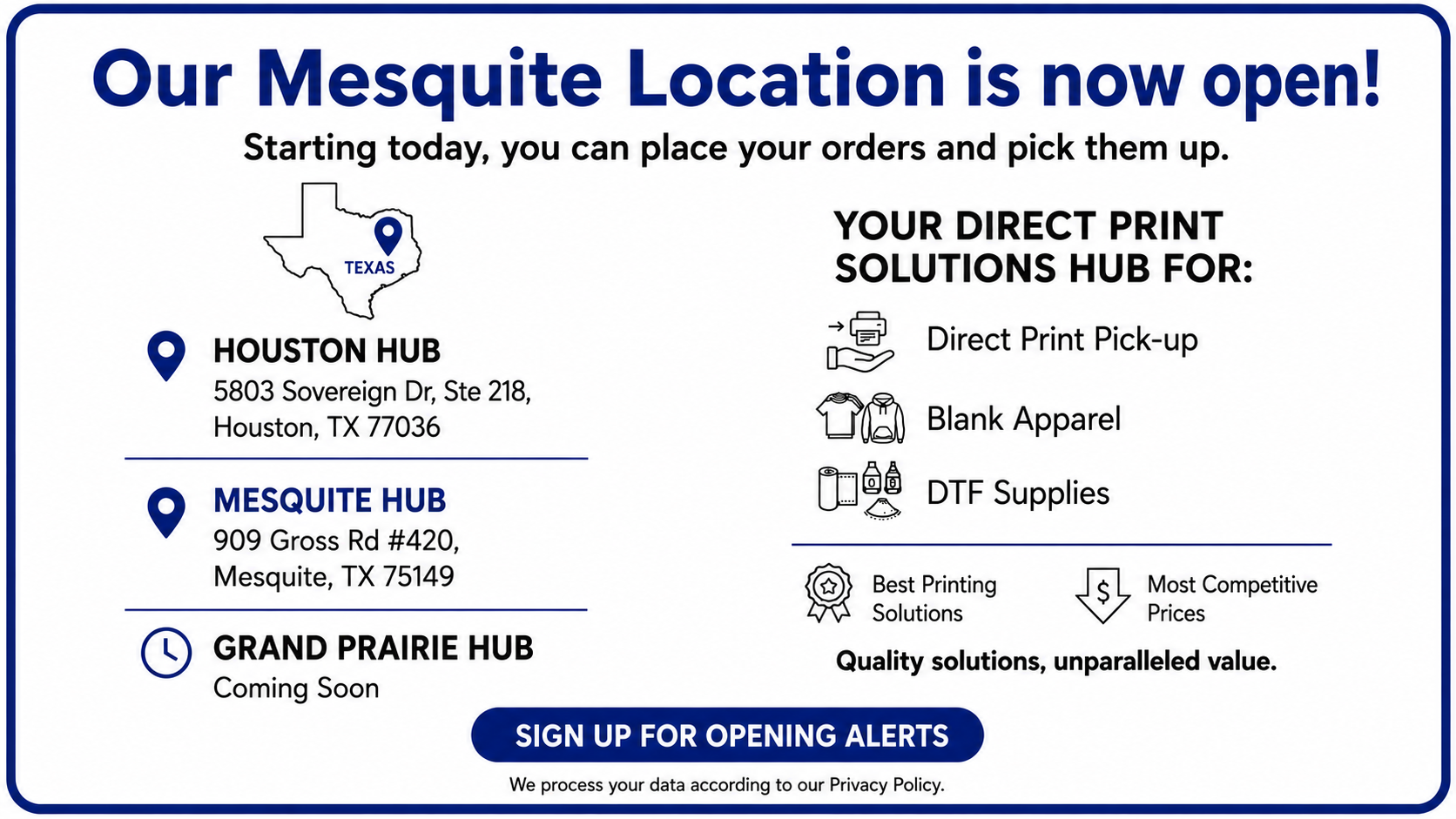 A promotional flyer with a blue border and blue header reading 'Our Mesquite Location is now open!' It lists addresses for Houston Hub, Mesquite Hub, and Grand Prairie Hub, plus icons and text for direct print pick-up, blank apparel, DTF supplies, and a sign-up alert.